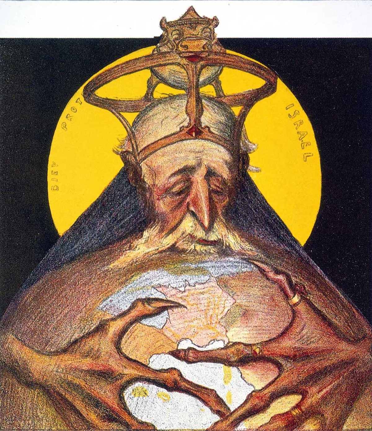 1898 antisemitic cartoon of a crowned Rothschild with claw-like hands gripping the globe.